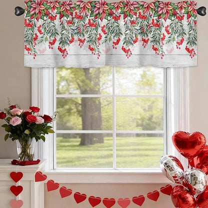 Poinsettia Berry Valance Curtains for Kitchen, Red Floral Winter Plants Vintage Wood Grain Privacy Rod Pocket Valance Curtain, Light-Filtering Window Treatment for Bedroom Bathroom, 54"x18"