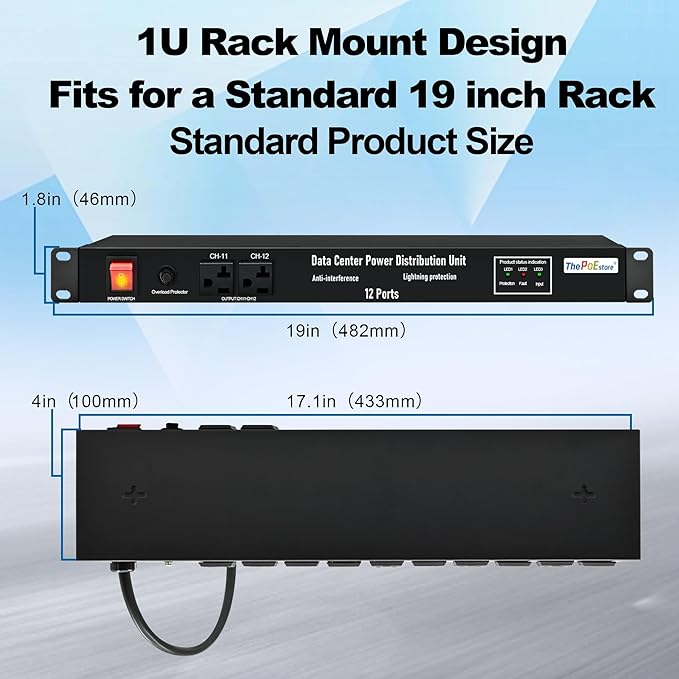 1U PDU Network Servers Surge Protector Power Distribution Unit 12-Outlet, 120V 20A, 3600 Joules 10KA,19″ Rack Mount Power Strip,Heavy-Duty 12AWG 16 ft Cord,w/AC Filter