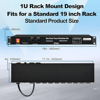 1U PDU Network Servers Surge Protector Power Distribution Unit 12-Outlet, 120V 20A, 3600 Joules 10KA,19″ Rack Mount Power Strip,Heavy-Duty 12AWG 16 ft Cord,w/AC Filter