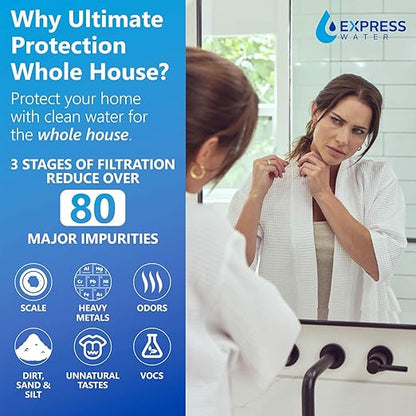 Whole House Water Filter System| Ultimate Protection | 3 Stage Water Purifier Whole Home, Top-Tier Heavy Metal + Anti-Scale Filters, High Reduction in Scale, Chloramine, Chlorine, PFAs, Lead, Arsenic