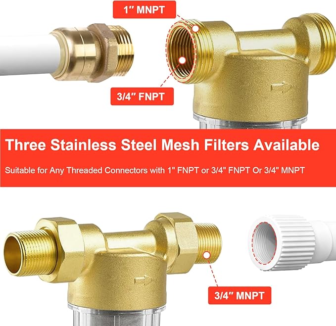 Spin Down Sediment Filter, Inline Water Filter for Home Well Water, 40/100/200 Micron Whole House Prefilter Filtration System, 1" MNPT + 3/4" FNPT + 3/4"MNPT, Lead-Free Brass