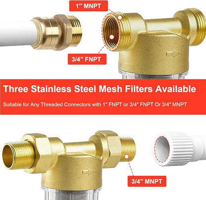 Spin Down Sediment Filter, Inline Water Filter for Home Well Water, 40/100/200 Micron Whole House Prefilter Filtration System, 1" MNPT + 3/4" FNPT + 3/4"MNPT, Lead-Free Brass