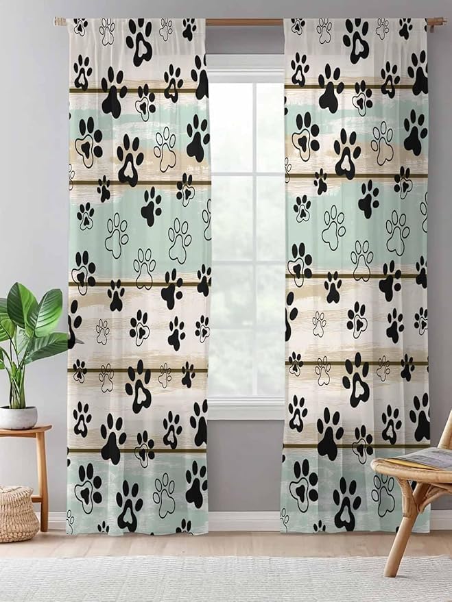 Sheer Curtains 108 Inches Long, Sage Green Beige Farmhouse Semi Sheer Curtains Light Filtering Window Treatment, Black Dog Paw Vintage Wooden Privacy Voile Drapes for Living Room Bedroom 52x108 Inch