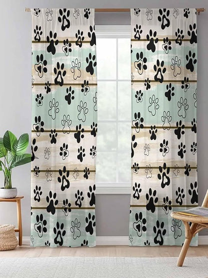 Sheer Curtains 108 Inches Long, Sage Green Beige Farmhouse Semi Sheer Curtains Light Filtering Window Treatment, Black Dog Paw Vintage Wooden Privacy Voile Drapes for Living Room Bedroom 52x108 Inch