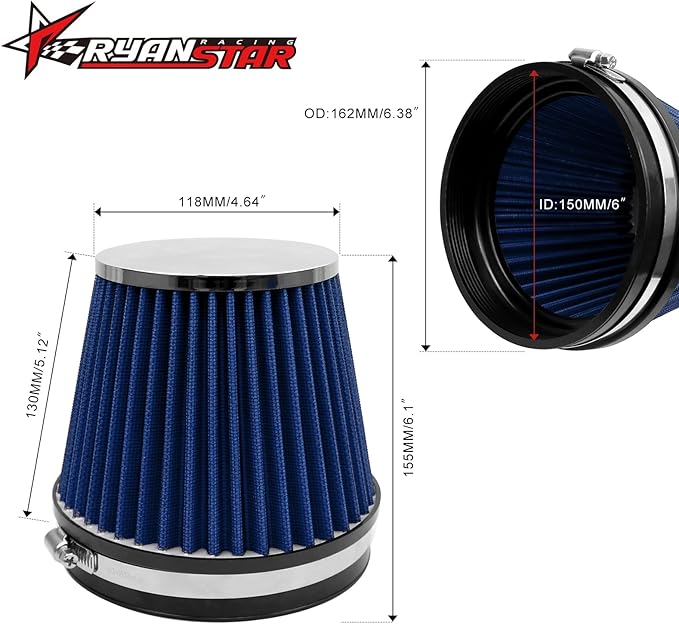 RYANSTAR RACING 152mm 6" High Flow Round Tapered Cone Closed-Top Washable Clamp-On Dry Air Filter short 155mm tall Blue