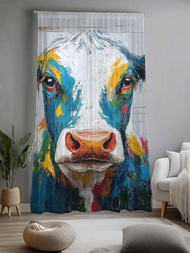 Sheer Curtains 108 Inches Long, Rustic Cow Semi Sheer Curtains Light Filtering Window Treatment, Vintage Colorful Animals Art Wooden Grain Privacy Voile Drapes for Living Room Bedroom 52x108 Inch
