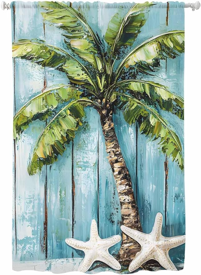 Sheer Curtains 72 Inches Long, Coastal Beach Starfish Semi Sheer Curtains Light Filtering Window Treatment, Blue Green Tropical Palm Tree Wood Grain Privacy Voile Drapes for Living Room 52x72 Inch