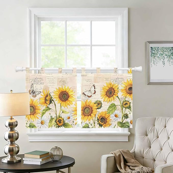 Yellow Sunflowers Kitchen Curtains 24 Inch Length, Small Window Curtains Tab Top, Country Farm Butterfly Flower Light Beige Light Filtering Short Window Treatments Tier Drapes 27.5"x24" 2 Panel