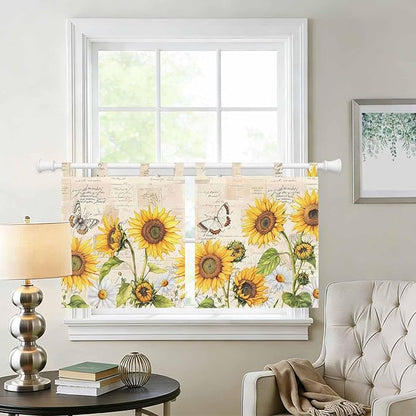Yellow Sunflowers Kitchen Curtains 24 Inch Length, Small Window Curtains Tab Top, Country Farm Butterfly Flower Light Beige Light Filtering Short Window Treatments Tier Drapes 27.5"x24" 2 Panel