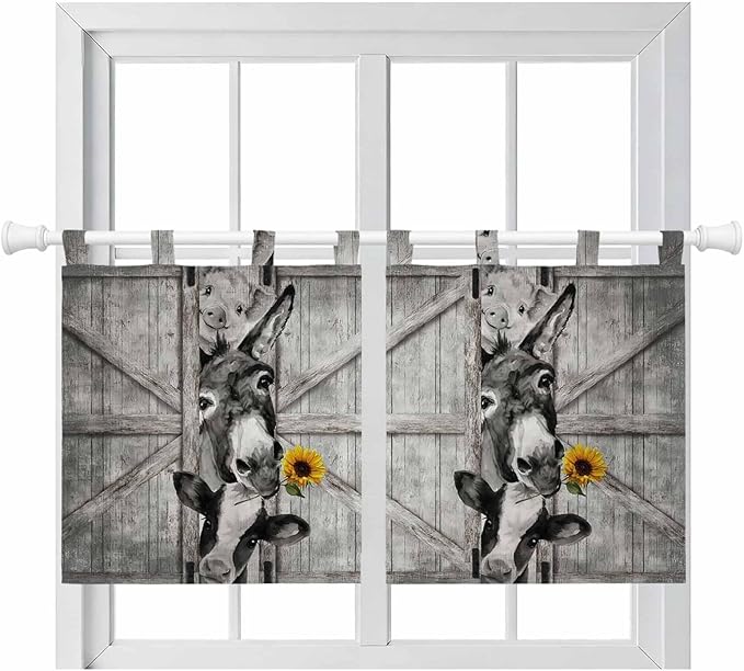 Funny Farm Animals Kitchen Curtains 36 Inch Length, Small Window Curtains Tab Top, Vintage Barn Grey Sunflowers Light Filtering Short Window Treatments Tier Drapes 27.5"x36" 2 Panel