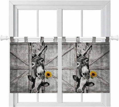 Funny Farm Animals Kitchen Curtains 24 Inch Length, Small Window Curtains Tab Top, Vintage Barn Grey Sunflowers Light Filtering Short Window Treatments Tier Drapes 27.5"x24" 2 Panel