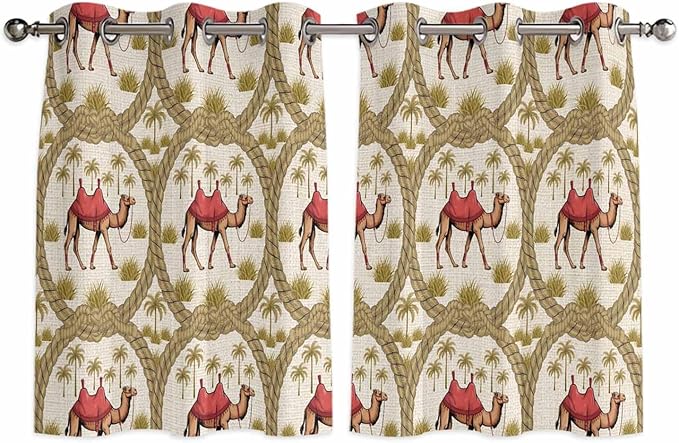 2 Panel Kitchen Cafe Curtains, Camels Palm Trees Sunlight Filtering Nature Air Through, Home Decor Window Covering Tier Curtains for Bedroom Living Room Desert Date Coconut Trees Leaves Cords Beige