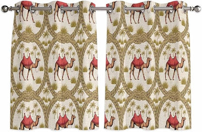 2 Panel Kitchen Cafe Curtains, Camels Palm Trees Sunlight Filtering Nature Air Through, Home Decor Window Covering Tier Curtains for Bedroom Living Room Desert Date Coconut Trees Leaves Cords Beige