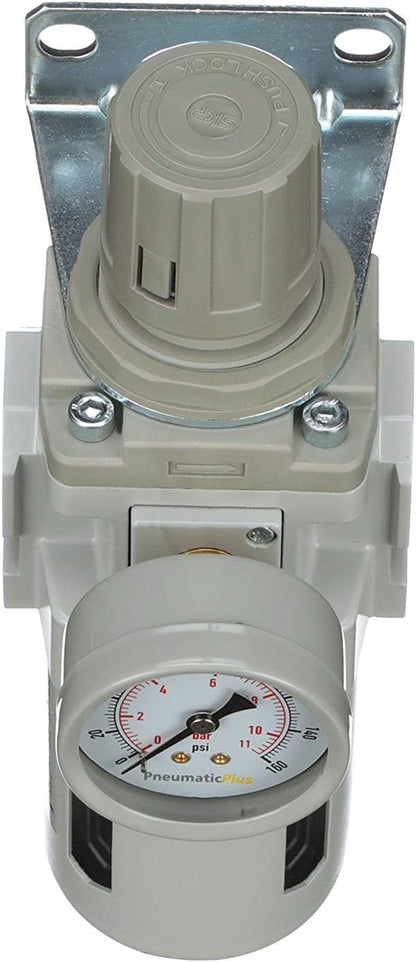 PneumaticPlus SAW400-N04BG Compressed Air Filter Regulator Piggyback Combo 1/2" NPT - Poly Bowl, Manual Drain, Bracket, Gauge
