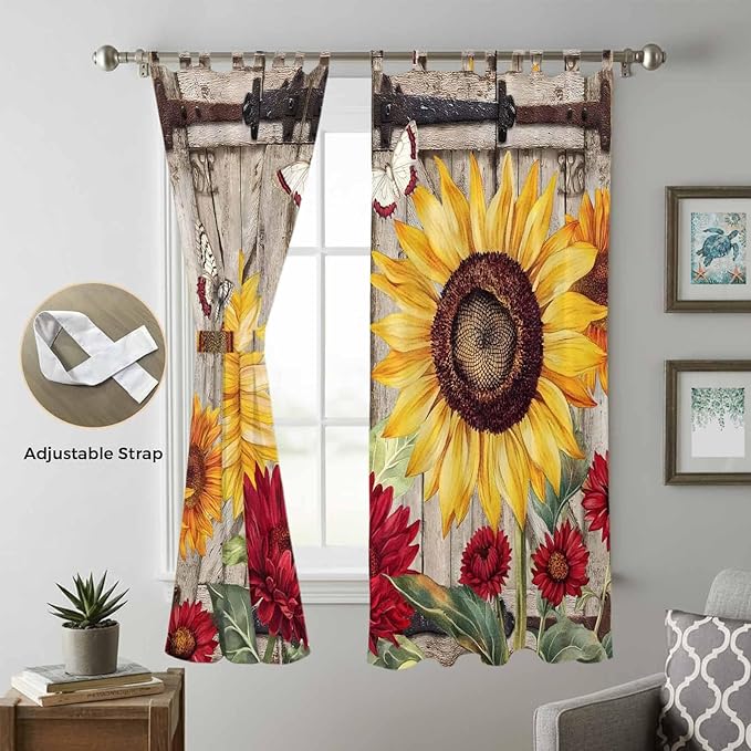 Sunflowers Living Room Curtains 84 Inch Length, Window Curtains Tab Top, Retro Flower Barn Doors Butterfly Farmhouse Brown Light Filtering Window Treatments Drapes 52"x84" 2 Panel
