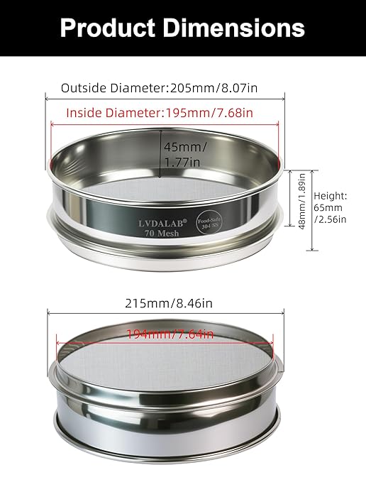 All 304 Stainless Steel 70 Mesh Test Sieve (0.25mmAperture), 8 Inch/20cm Diameter, Lab Sifter & Fine Filter, Screen for Industrial Material, Food Ingredients