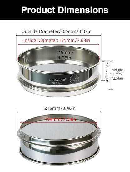 All 304 Stainless Steel 70 Mesh Test Sieve (0.25mmAperture), 8 Inch/20cm Diameter, Lab Sifter & Fine Filter, Screen for Industrial Material, Food Ingredients