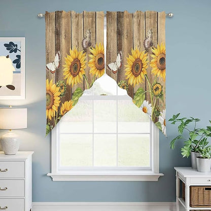 Farmhouse Sunflowers Swag Valances for Windows, Rustic Floral Buttterfly Wood Board Brown Rod Pocket Kitchen Curtains Valance, Kitchen Window Curtains Swag for Cafe Living Room, 2 Panels, 36x63 inch