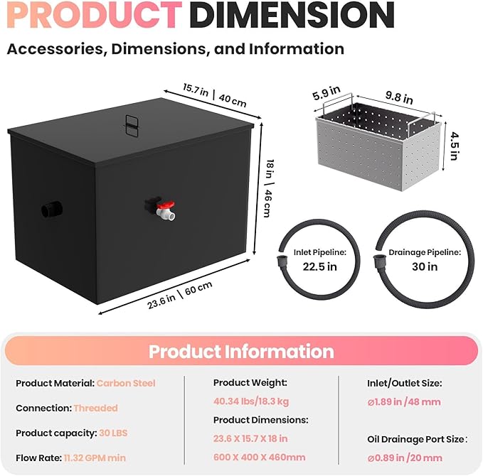 Commercial Grease Interceptor - 23.6x15.7x18in Carbon Steel Grease Trap with Inlet/Drainage Pipeline, Oil Water Separator for Home Kitchen Restaurant Food Processing Plant Wastewater