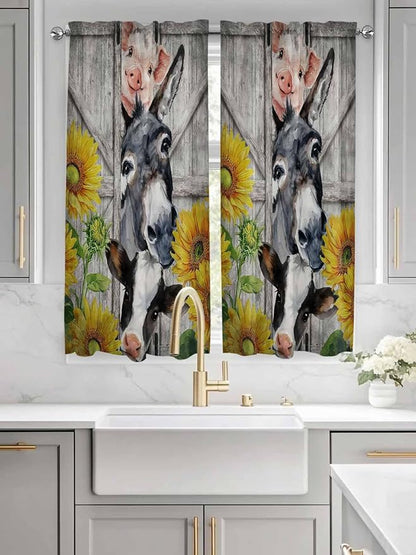 Farmhouse Living Room Curtains 72 Inches length, Vintage Sunflowers Animals Printed Wood Grain Window Treatment Curtain Drapes, Light Filtering Drapes for Bedroom Laundry Room, 52"x72", 2 Panels