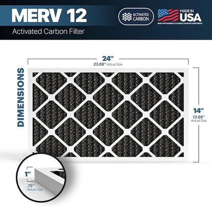 BNX TruFilter 14x24x1 MERV 12 Odor Defense (4-Pack) AC Furnace Air Filter with Activated Carbon - MADE IN USA - Pleated Air Conditioner HVAC AC Furnace Filters - Removes Odor, Mold, Bacteria, Smoke