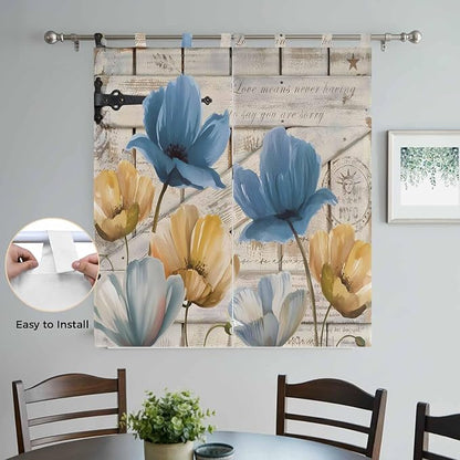 Blue Yellow Tulips Living Room Curtains 84 Inch Length, Window Curtains Tab Top, Retro Farmhouse Flower Barn Doors Wooden Light Filtering Window Treatments Drapes 42"x84" 2 Panel