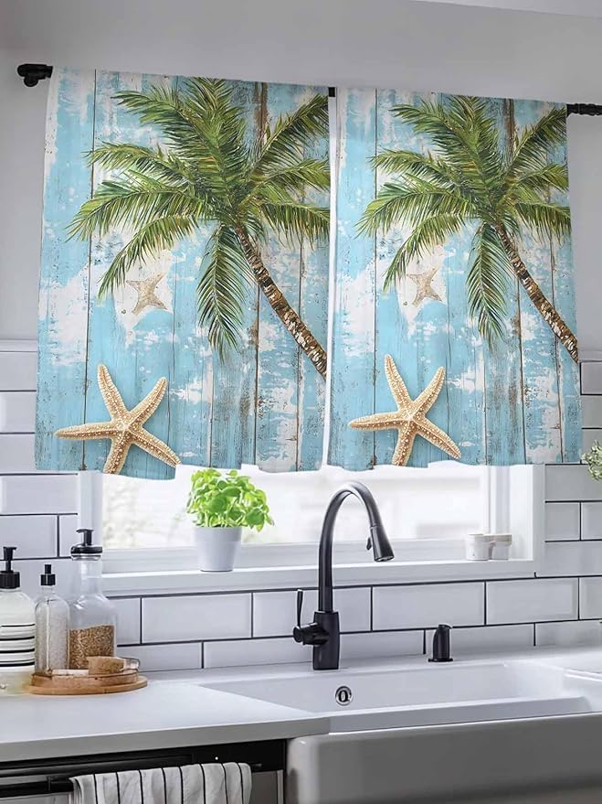 Sheer Curtains 54 Inch Length, Coastal Beach Blue Semi Sheer Curtains Light Filtering Window Treatment, Tropical Coconut Tree Vintage Wood Grain Privacy Voile Drapes for Living Room Bedroom 52x54 Inch