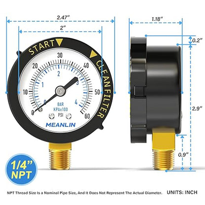 MEANLIN MEASURE 0~60Psi Plastic Frame 1/4" NPT Start and Clean Filter Pressure Gauge, Suitable for Swimming Pool, spa, Aquarium, Lower Mount