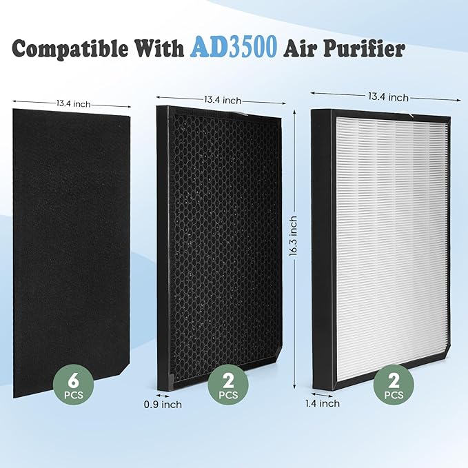 3500 Filter Replacement Set Compatible with AD3000/AD3500, 3500i, 3000M, 3000Pro Air Purifier (2 Efficiency Filter + 2 Carbon Filter + 6 Pre-Filters) 10-Pack (10-pack)