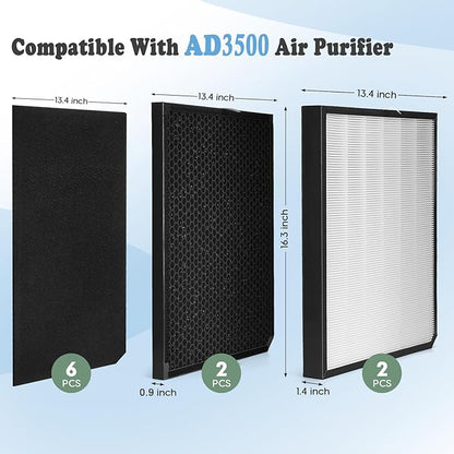 3500 Filter Replacement Set Compatible with AD3000/AD3500, 3500i, 3000M, 3000Pro Air Purifier (2 Efficiency Filter + 2 Carbon Filter + 6 Pre-Filters) 10-Pack (10-pack)