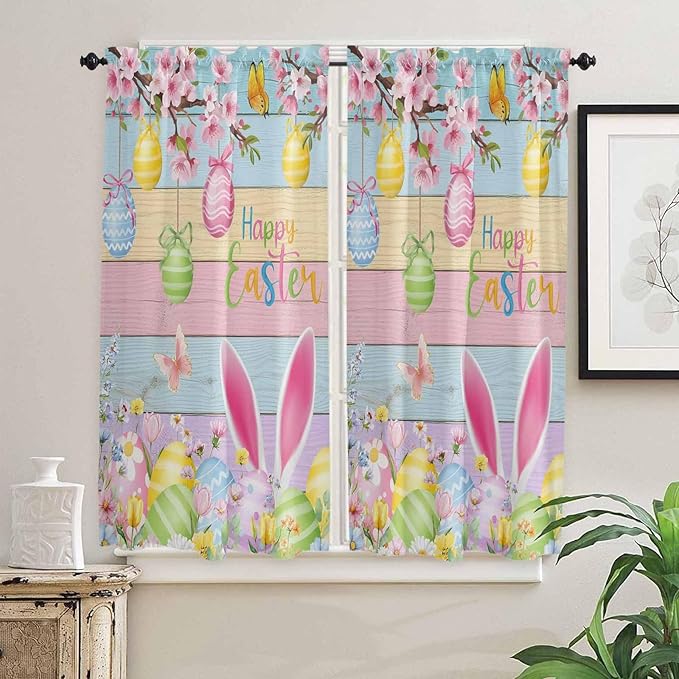 Colorful Easter Bedroom Curtains 63 Inches length, Spring Watercolor Bunny Egg Flower Wood Grain Window Treatment Curtain Drapes, Rod Pocket Curtain Panels for Living Room Kitchen, 42"x63", 2 Panels
