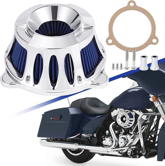 Motorcycle Air Filter Kit CNC Air Cleaner Intake Turbine System Fit for Harley Touring Street Glide Road King Trike 2008-2016, Softail 2016-2017 (C-Chromed Silver)