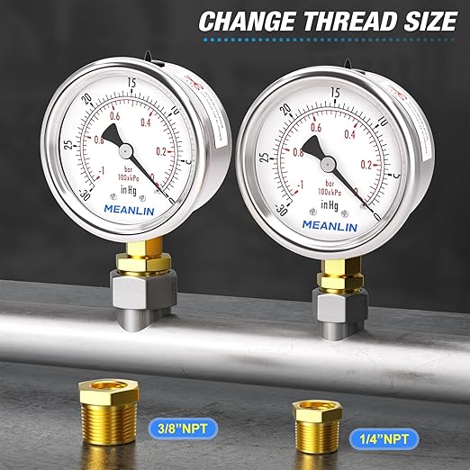 MEANLIN MEASURE -30inHG~0Psi Vacuum Gauge Stainless Steel 1/8" NPT 2" FACE DIAL Waterproof for Air Compressor HVAC Negative Pressure Hand Pump Pool Lower Mount, with 1/4" NPT and 3/8" NPT Hex Bushing
