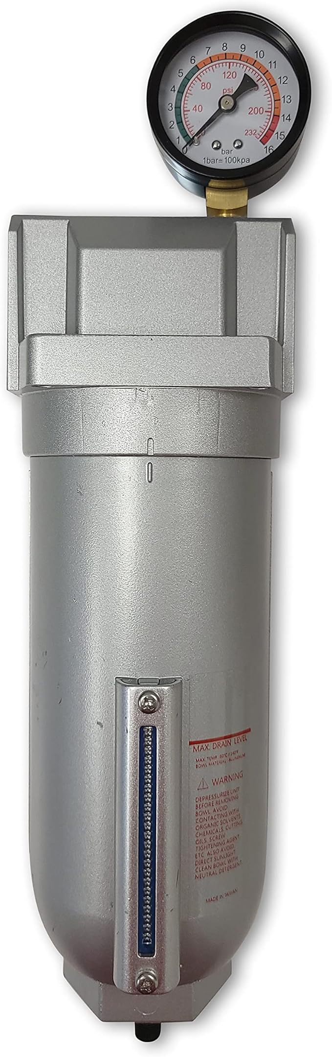 HEAVY DUTY INDUSTRIAL GRADE COALESCING FILTER WITH 0.01u MICRON ELEMENT, METAL BOWL, REMOVES 99.98% MOISTURE, VAPOR AND OIL FROM COMPRESSED AIR LINES, AUTO DRAIN (1" NPT, 11oz)
