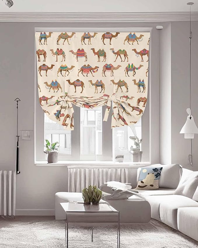 Tie Up Curtains for Windows, Summer Camels Adjustable Balloon Nature Linen Textured Kitchen Curtain, Farmhouse Retro Cartoon Desert Animals Blackout Curtains for Living Room, 46 x 63 Inches