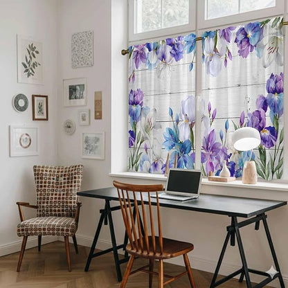 Spring Flowers Kitchen Curtains, Watercolor Garden Florals Wooden Grain Light Filtering Window Curtain Panels, 2Pcs Rod Pocket Window Treatments Set for Study Room Bathroom Bedroom 52x54 Inches