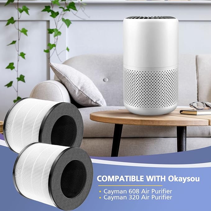 Cayman 608/320 Filter Compatible with Okaysou Cayman 608/320 Air Purifie-r, 3-in-1 Filtration, 2 Pack