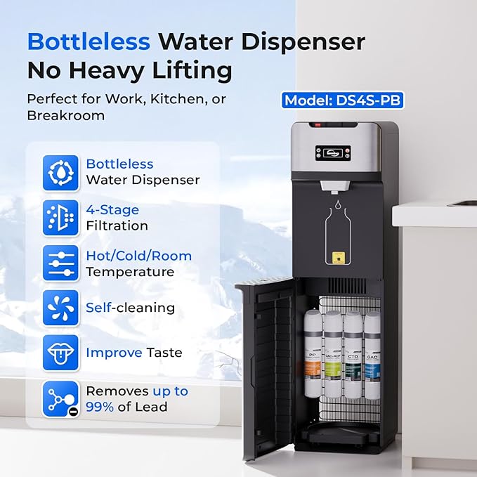 iSpring Bottleless Water Dispenser with 4-Stage Filtration, SGS-Tested 99% of Lead Removal, Water Cooler Dispenser - Hot, Cold, Room Temp, Self Cleaning, Stainless Steel, Silver, Model: DS4S-PB