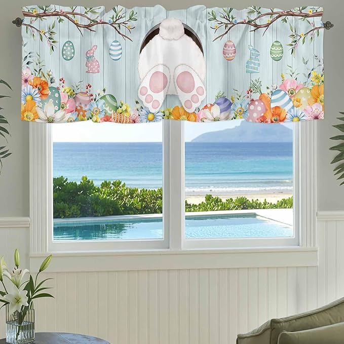 Easter Bunny Curtain Valances for Windows, Kitchen Valance Window Treatment, Easter Eggs Spring Farmhouse Wood Grain Teal Blue Light Filter Block Curtains for Bathroom/Bedroom/Living Room 60'' x 18''