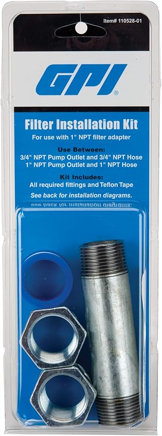 GPI Filter Adapter Installation Kit, 3/4 inch x 4 inch Pipe Nipple, 2 Pipe Bushings, Roll of Pipe Thread (GPI Genuine Accessory 110528-01)