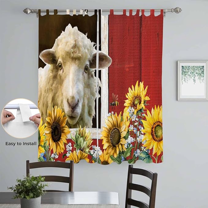 Sheep Flowers Living Room Curtains 84 Inch Length, Window Curtains Tab Top, Country Red Barn Botanical Sunflowers Light Filtering Window Treatments Drapes 52"x84" 2 Panel