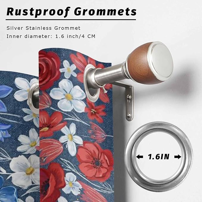 4th of July Outdoor Curtains for Patio Patriotic Flowers Farmhouse Red Waterproof Outside Curtains with Grommet Top Weatherproof Curtain for Cabana Pergola Gazebo, 2 Pack, 54" W x 108" L
