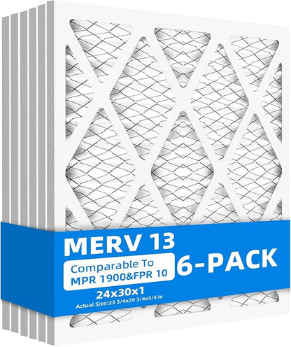 (6 Pack) 24x30x1 Air Filter, MPR 1900 & FPR 10, MERV 13 Pleated Air Filter (Actual Size:23 3/4x29 3/4x3/4 inch)