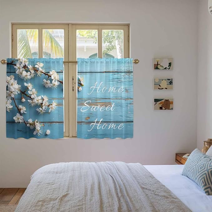Farmhouse Wooden Grain Kitchen Curtains, Vintage Shabby Chic Flower Blue Light Filtering Window Curtain Panels, 2Pcs Rod Pocket Window Treatments Set for Cabin Bathroom Bedroom 52x45 Inches