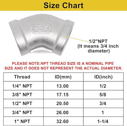 45 Degree Elbow 2PCS, 1/2" NPT Female x 1/2" NPT Female 304 Stainless Steel Pipe Fitting, Connector Coupler Apply to Outdoor/Garden/Industrial