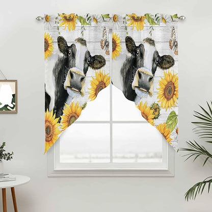 Retro Farmhouse Floral Swag Valances for Windows, Yellow Sunflowers Cows Butterfly Wood Rod Pocket Kitchen Curtains Valance, Small Window Curtains Swag for Cafe Living Room, 2 Panels, 36x36 inch