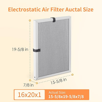 2-Pack 16x20x1 MERV 8 Reusable & Washable Electrostatic Air Filters - Long-Lasting Filter for HVAC, Furnace & Air Conditioner Units, Actual Size: 15-5/8” x 19-5/8” x 7/8”