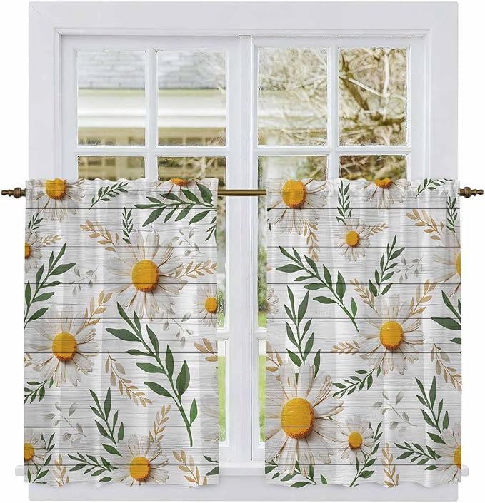 Spring Daisy Kitchen Curtains, Farmhouse Country Flower Leaf Plant Wood Grain Light Filtering Window Curtain Panels, 2Pcs Rod Pocket Window Treatments Set for Study Room Bathroom Bedroom 52x54 Inches