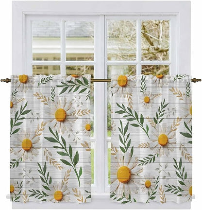 Spring Daisy Kitchen Curtains, Farmhouse Country Flower Leaf Plant Wood Grain Light Filtering Window Curtain Panels, 2Pcs Rod Pocket Window Treatments Set for Study Room Bathroom Bedroom 52x54 Inches
