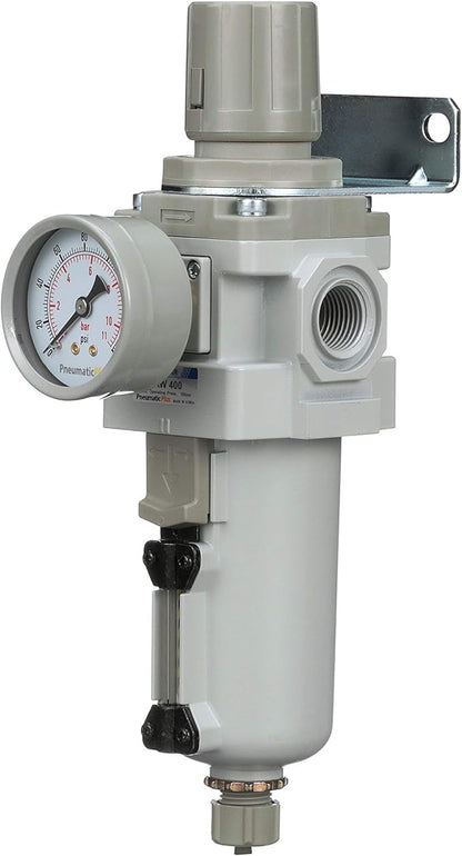 PneumaticPlus SAW400-N04BG-MEP Compressed Air Filter Regulator Piggyback Combo 1/2" NPT - Metal Bowl, Manual Drain, Bracket, Gauge